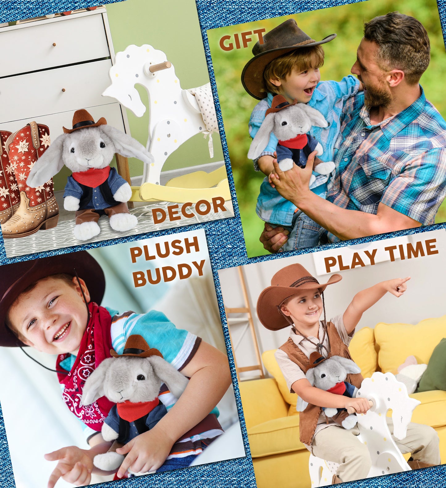 SUPER SOFT PLUSH - GREY RABBIT COWBOY DRESS UP
