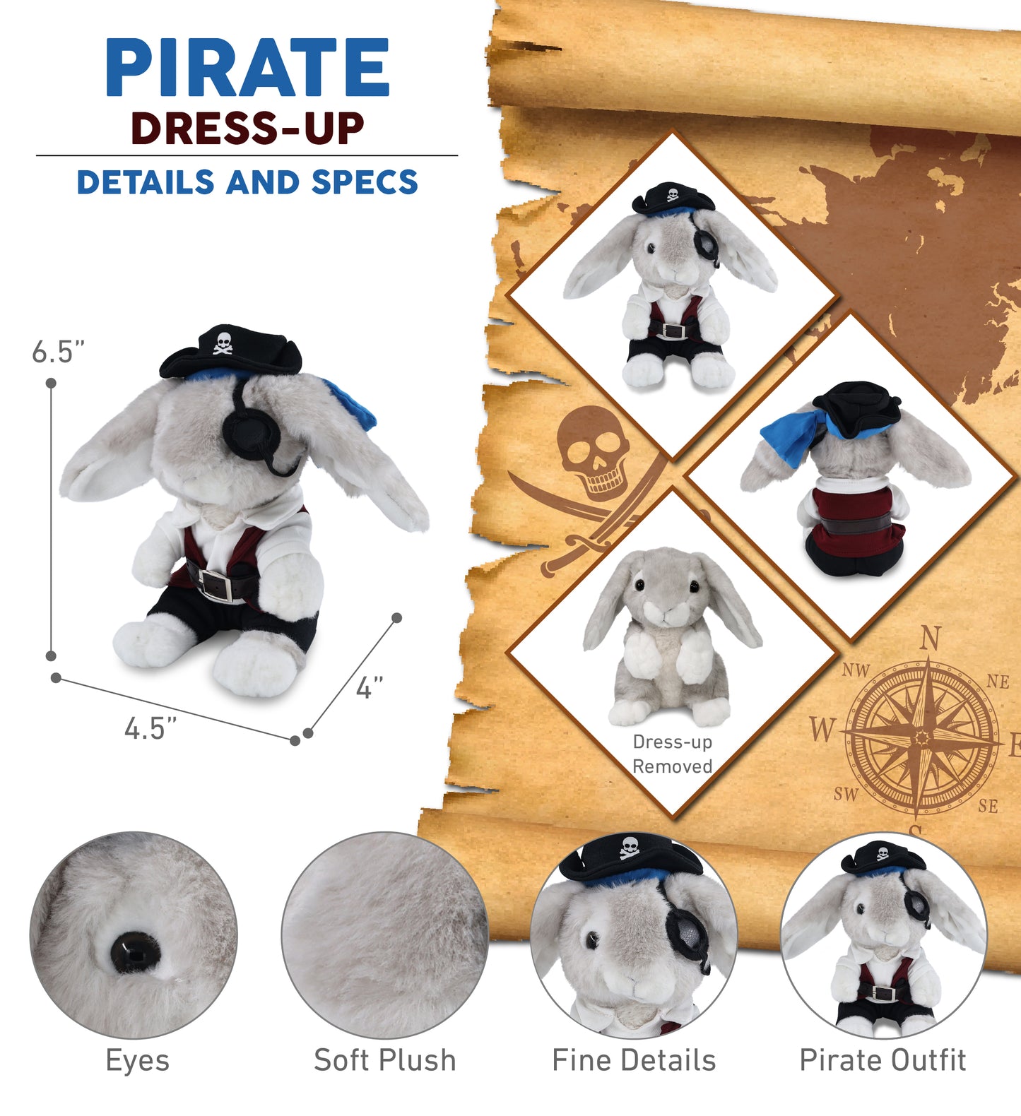 SUPER SOFT PLUSH - GREY RABBIT WITH PIRATE DRESS UP