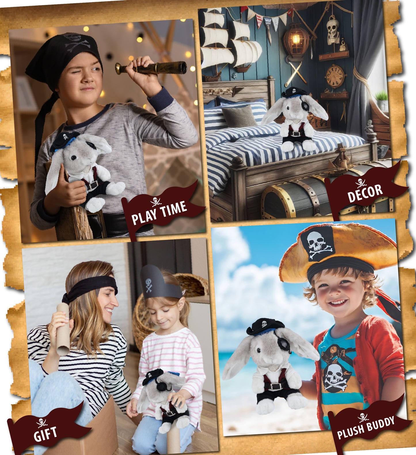 SUPER SOFT PLUSH - GREY RABBIT WITH PIRATE DRESS UP