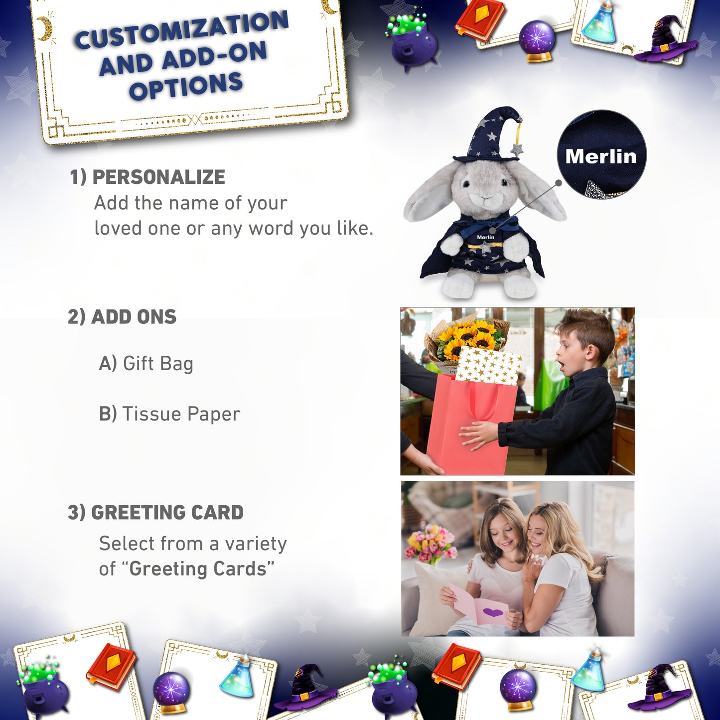 SUPER SOFT PLUSH - GREY RABBIT WITH WIZARD DRESS UP