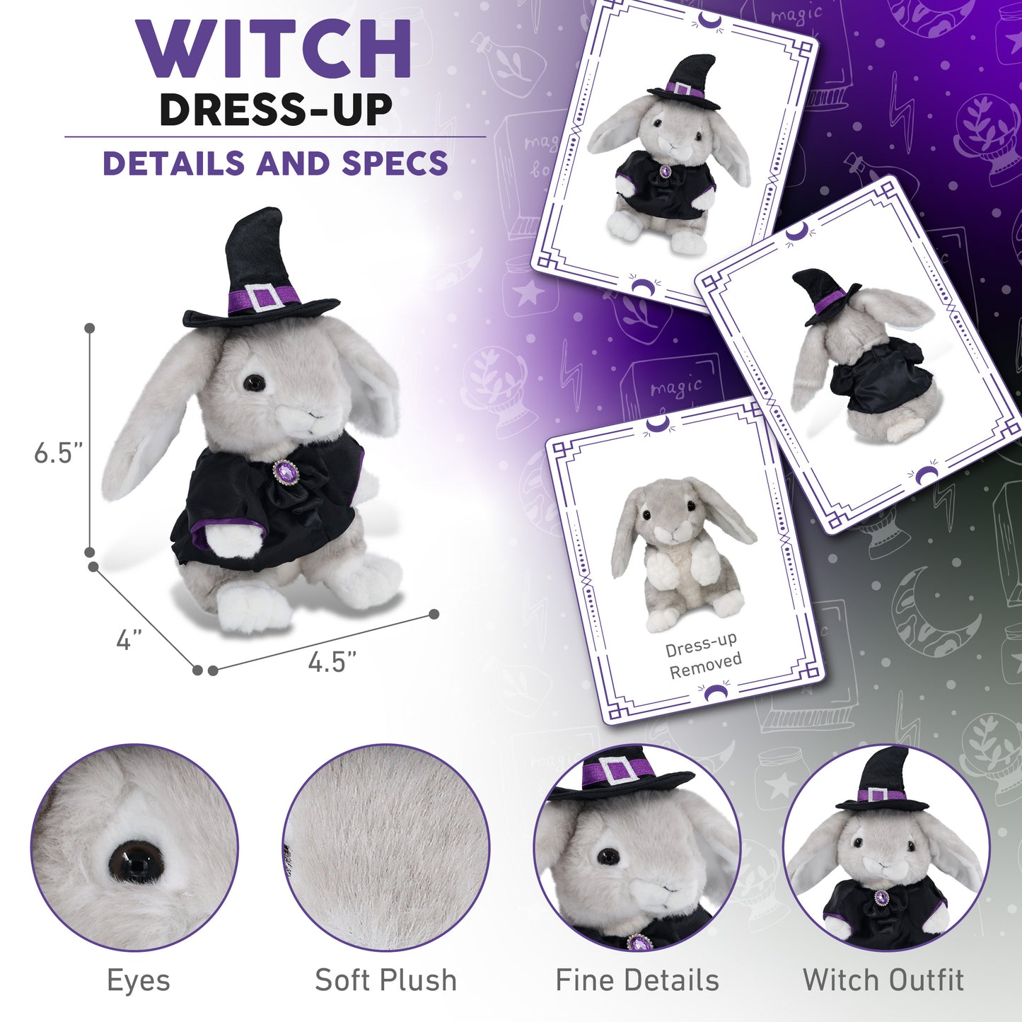 SUPER SOFT PLUSH - GREY RABBIT WITH WITCH DRESS UP