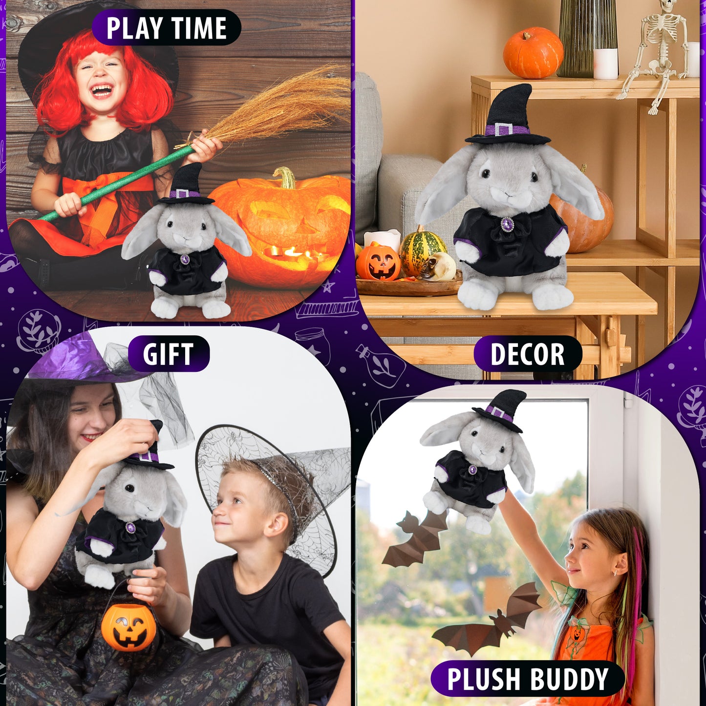 SUPER SOFT PLUSH - GREY RABBIT WITH WITCH DRESS UP