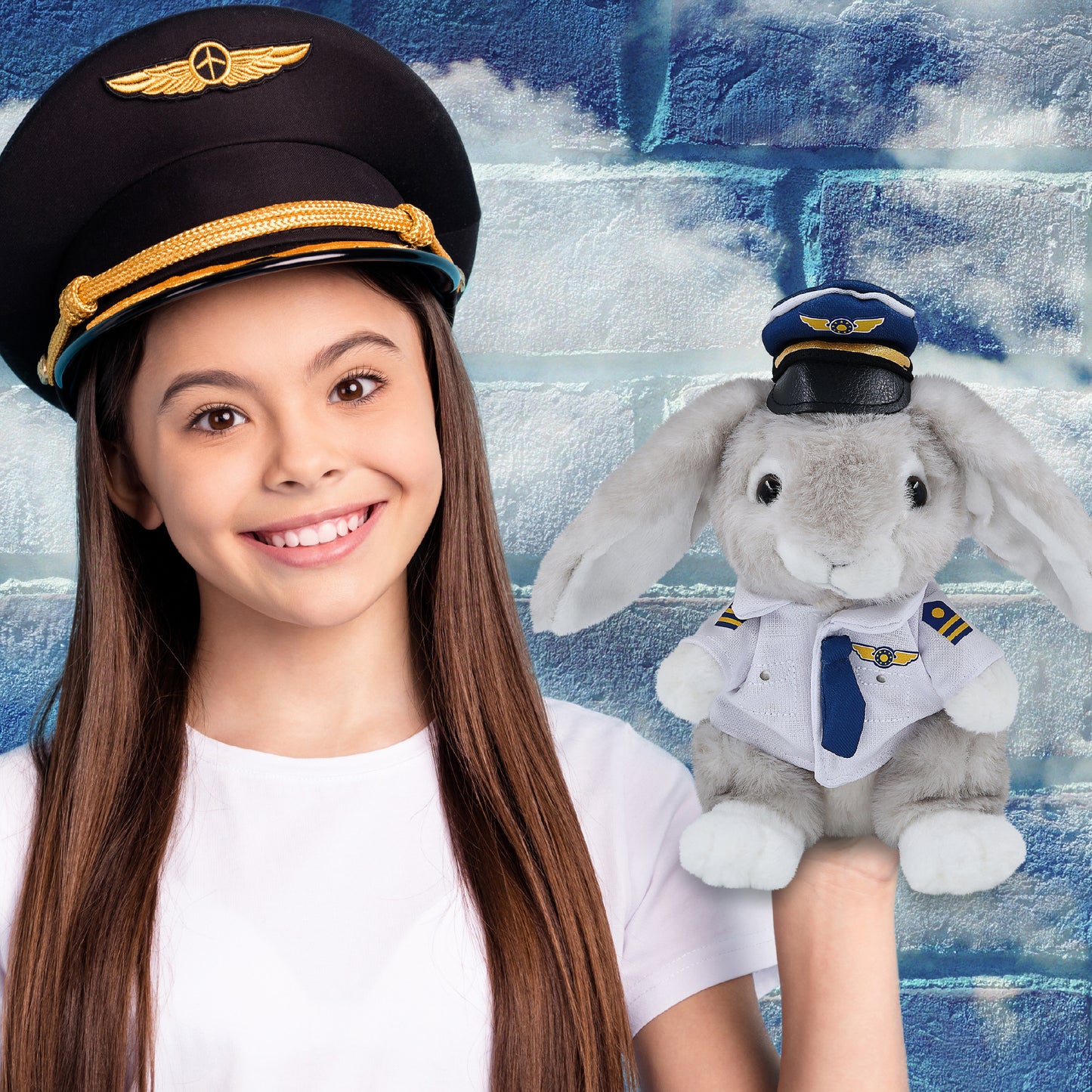 SUPER SOFT PLUSH - GREY RABBIT WITH PILOT DRESS UP