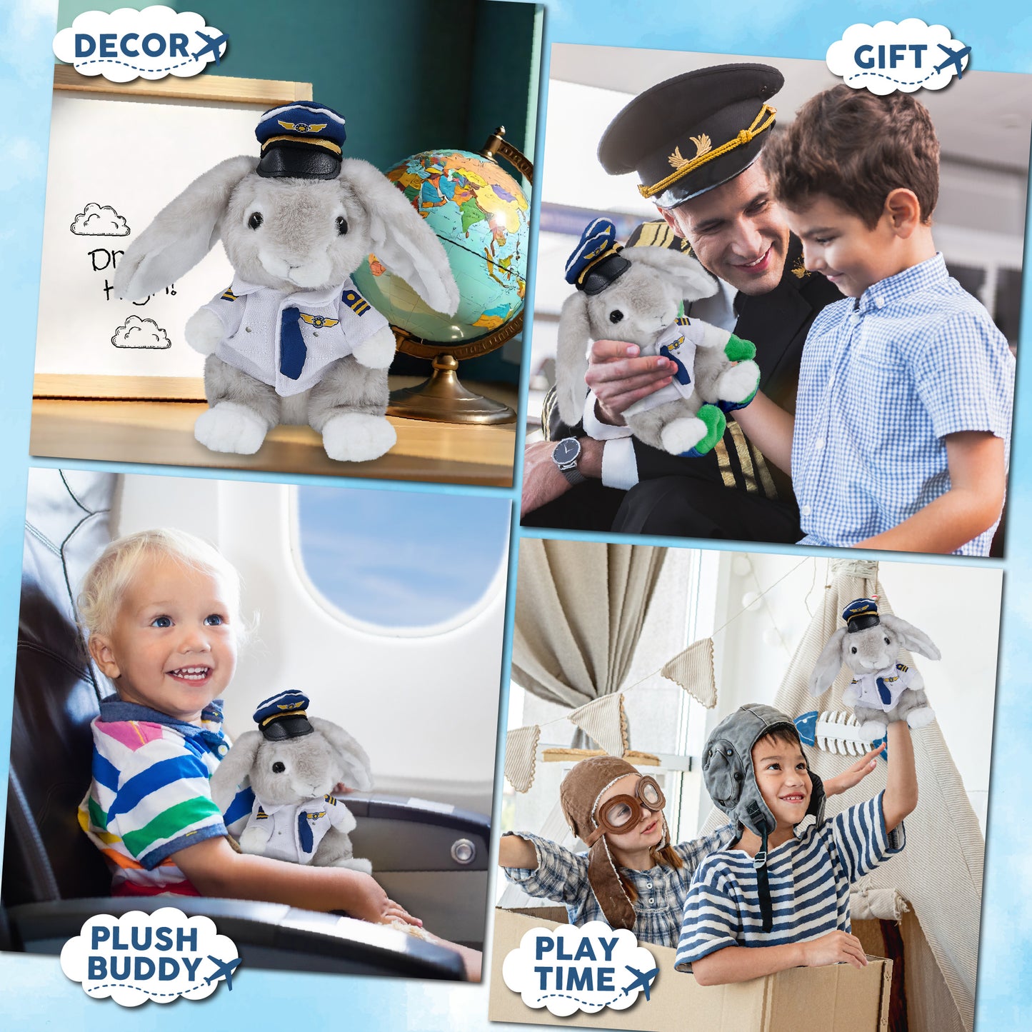 SUPER SOFT PLUSH - GREY RABBIT WITH PILOT DRESS UP