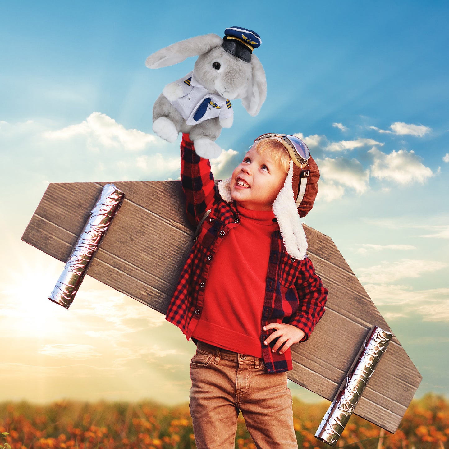 SUPER SOFT PLUSH - GREY RABBIT WITH PILOT DRESS UP