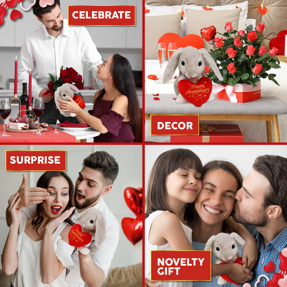 SUPER SOFT PLUSH - GREY RABBIT WITH HAPPY ANNIVERSARY HEART