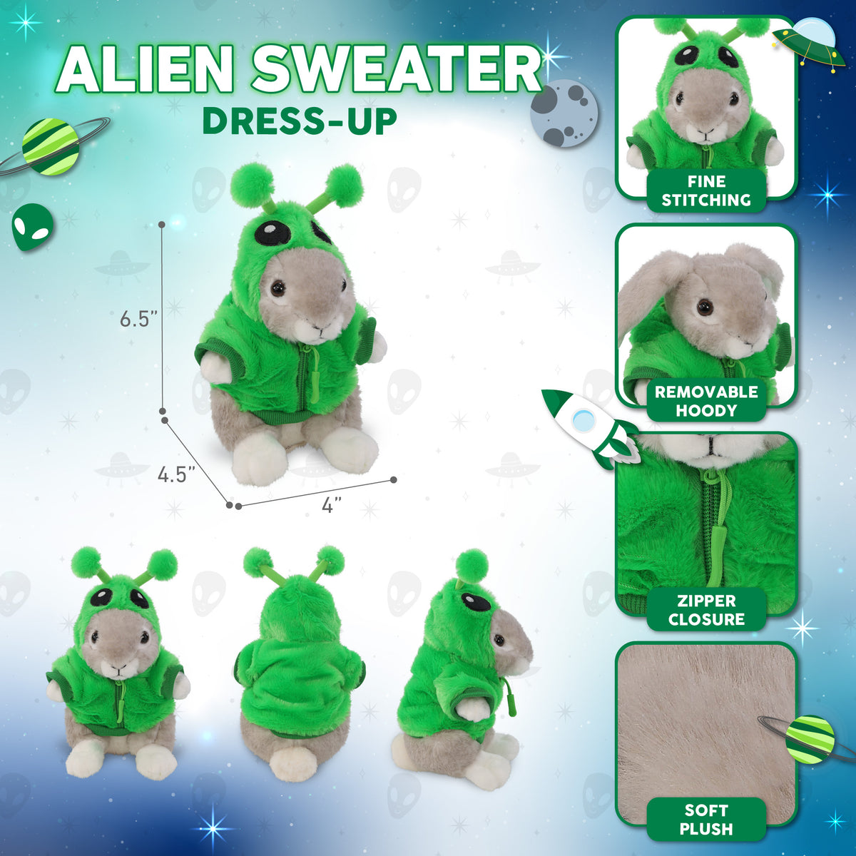 SUPER SOFT PLUSH - GREY RABBIT WITH ALIEN SWEATER