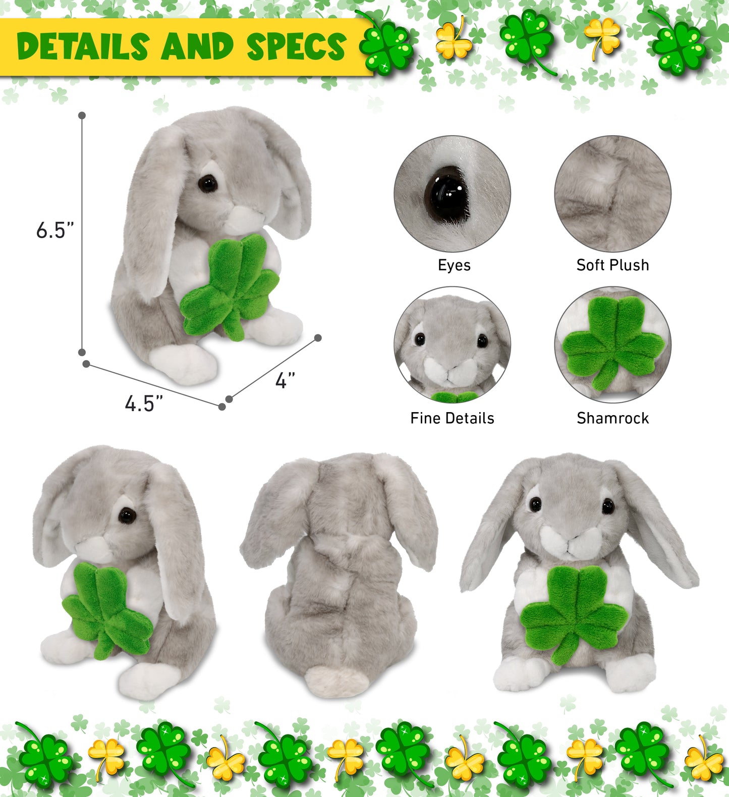DolliBu Sitting Grey Rabbit Stuffed Animal with Green Plush Shamrock - 6.5 Inch