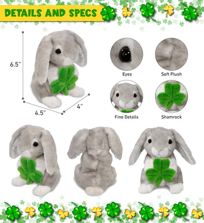 DolliBu Sitting Grey Rabbit Stuffed Animal with Green Plush Shamrock - 6.5 Inch
