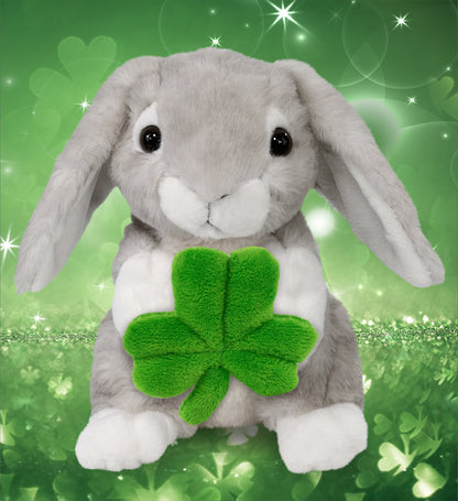 DolliBu Sitting Grey Rabbit Stuffed Animal with Green Plush Shamrock - 6.5 Inch