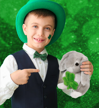 DolliBu Sitting Grey Rabbit Stuffed Animal with Green Plush Shamrock - 6.5 Inch