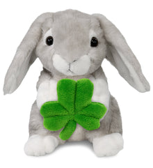 DolliBu Sitting Grey Rabbit Stuffed Animal with Green Plush Shamrock - 6.5 Inch