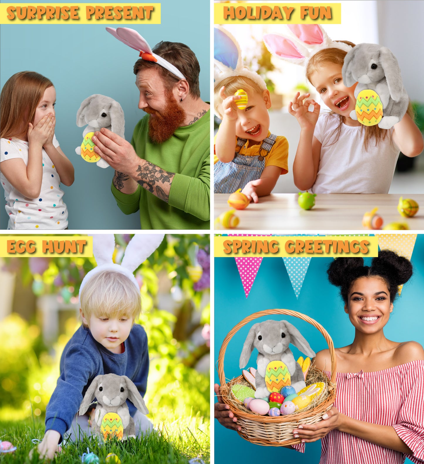 DolliBu Super Soft Sitting Gray Rabbit with Yellow Easter Egg Plush - 6.5 Inch
