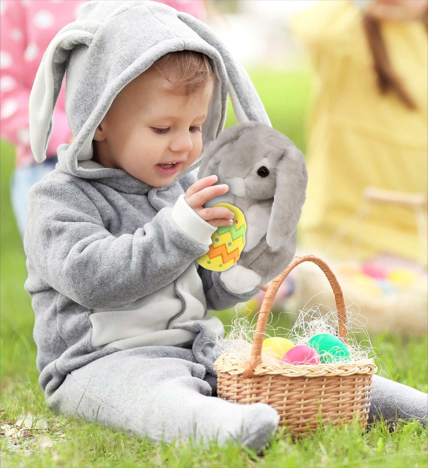 DolliBu Super Soft Sitting Gray Rabbit with Yellow Easter Egg Plush - 6.5 Inch