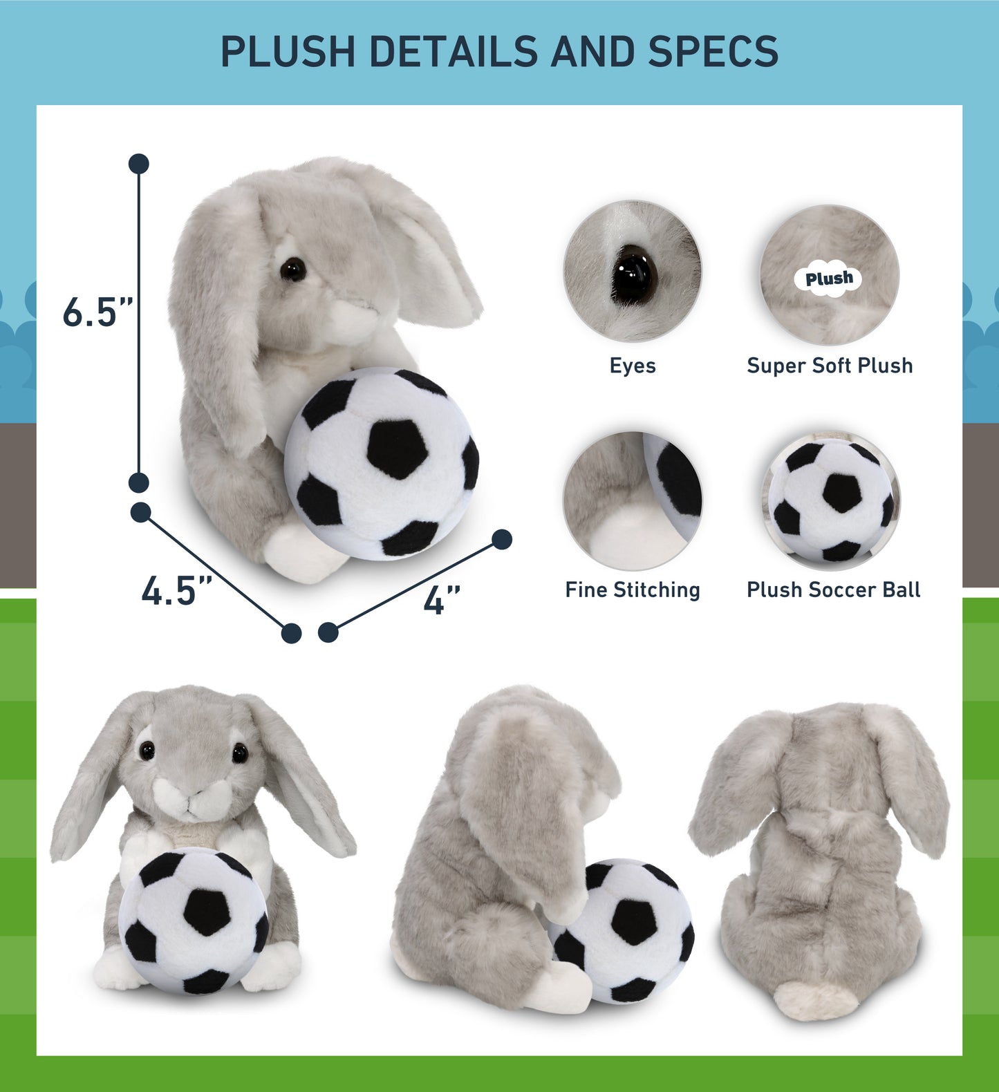 SUPER SOFT PLUSH - GREY RABBIT WITH SOCCER PLUSH