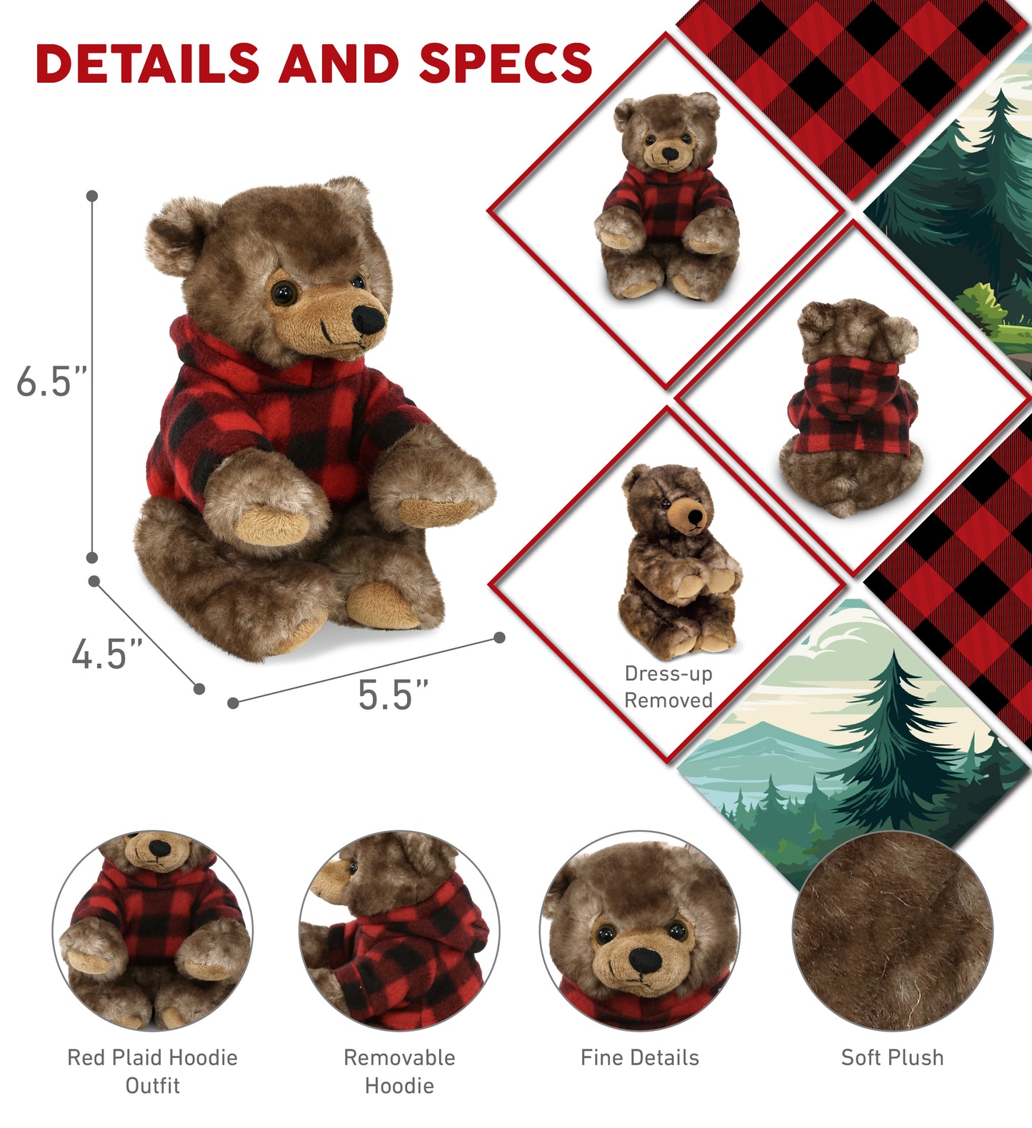 SUPER SOFT PLUSH - CUTE SITTING GRIZZLY WITH RED PLAID HOODIE