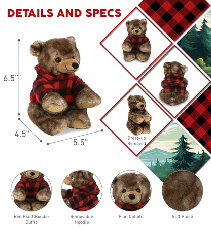 SUPER SOFT PLUSH - CUTE SITTING GRIZZLY WITH RED PLAID HOODIE
