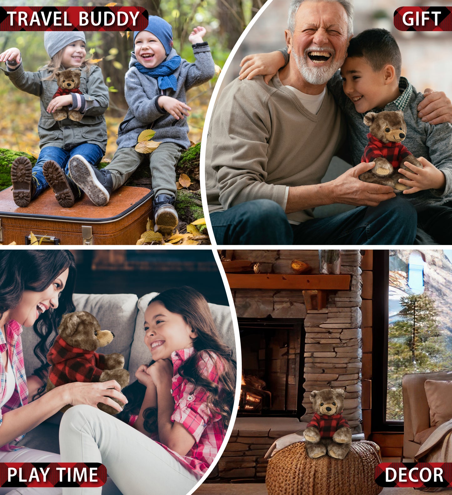 SUPER SOFT PLUSH - CUTE SITTING GRIZZLY WITH RED PLAID HOODIE