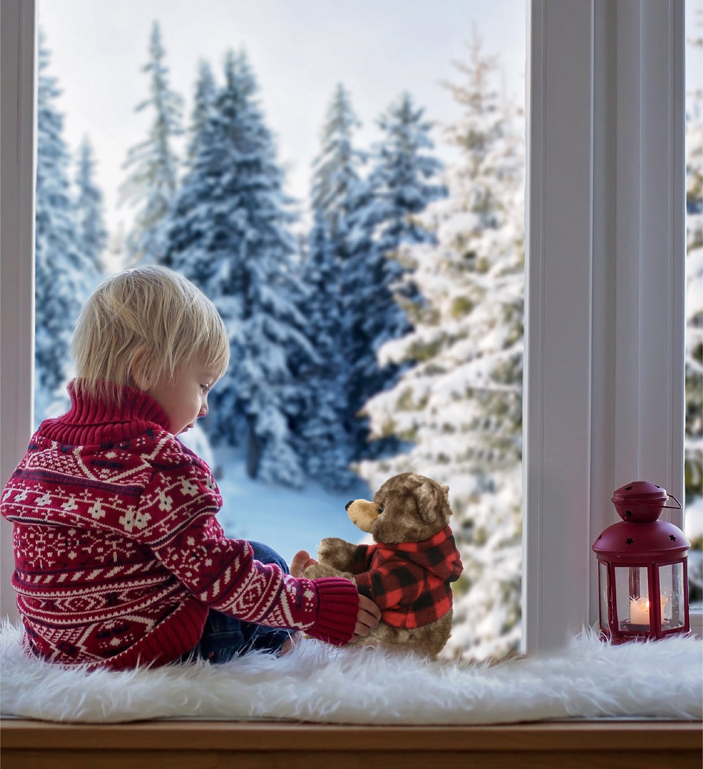 SUPER SOFT PLUSH - CUTE SITTING GRIZZLY WITH RED PLAID HOODIE
