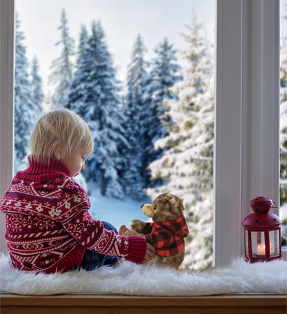 SUPER SOFT PLUSH - CUTE SITTING GRIZZLY WITH RED PLAID HOODIE