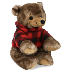 SUPER SOFT PLUSH - CUTE SITTING GRIZZLY WITH RED PLAID HOODIE