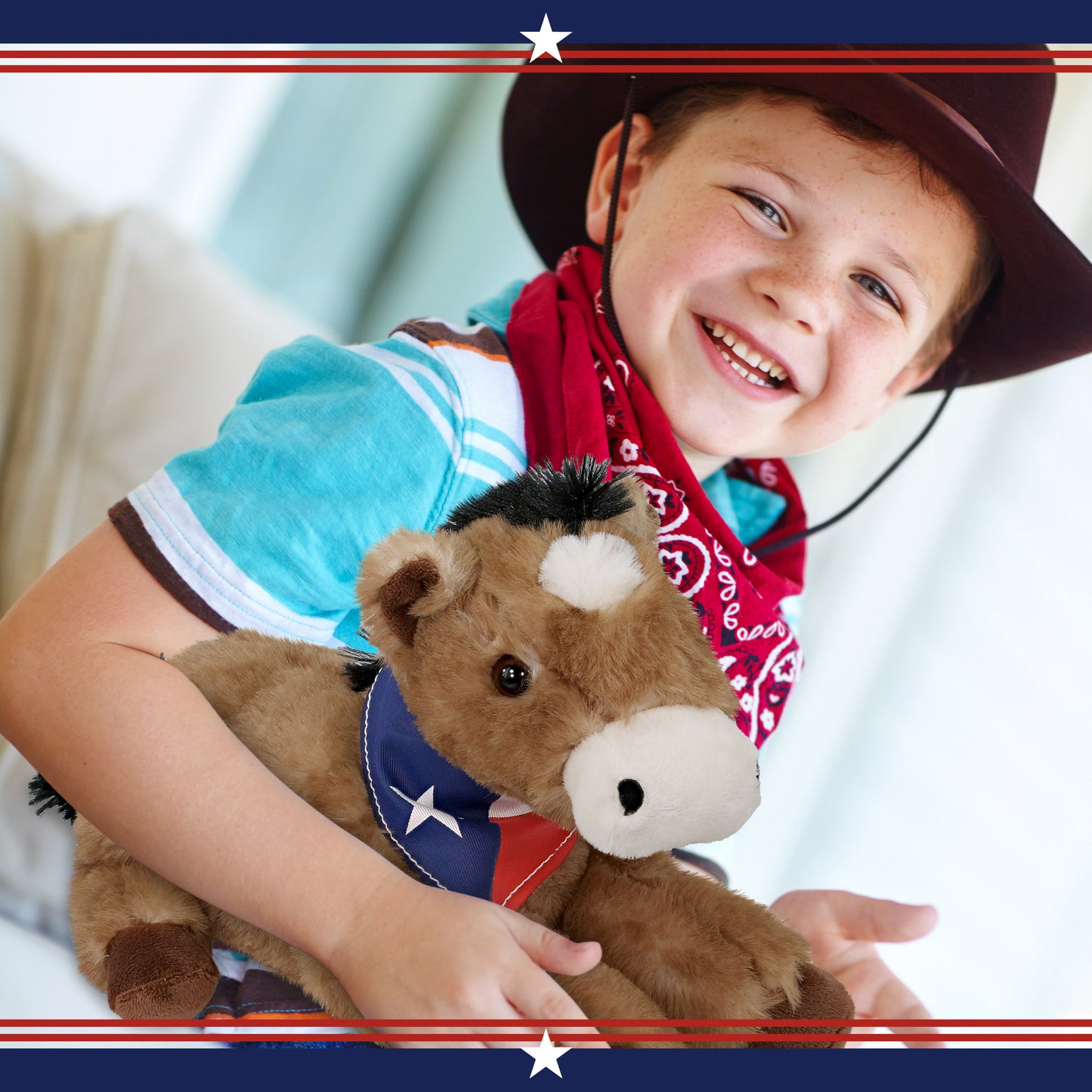 SUPER SOFT PLUSH - LYING BROWN HORSE WITH TEXAS FLAG BANDANA