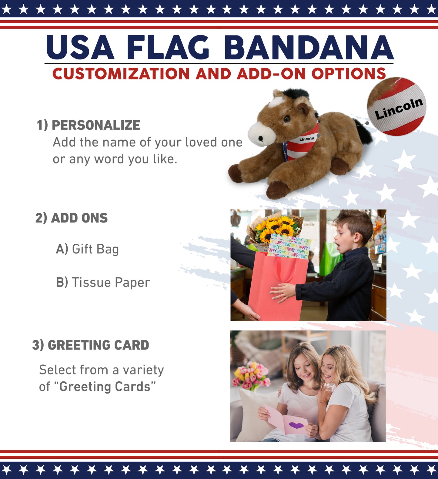 SUPER SOFT PLUSH - LYING BROWN HORSE WITH USA FLAG BANDANA