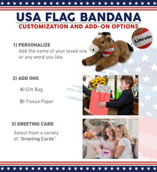 SUPER SOFT PLUSH - LYING BROWN HORSE WITH USA FLAG BANDANA