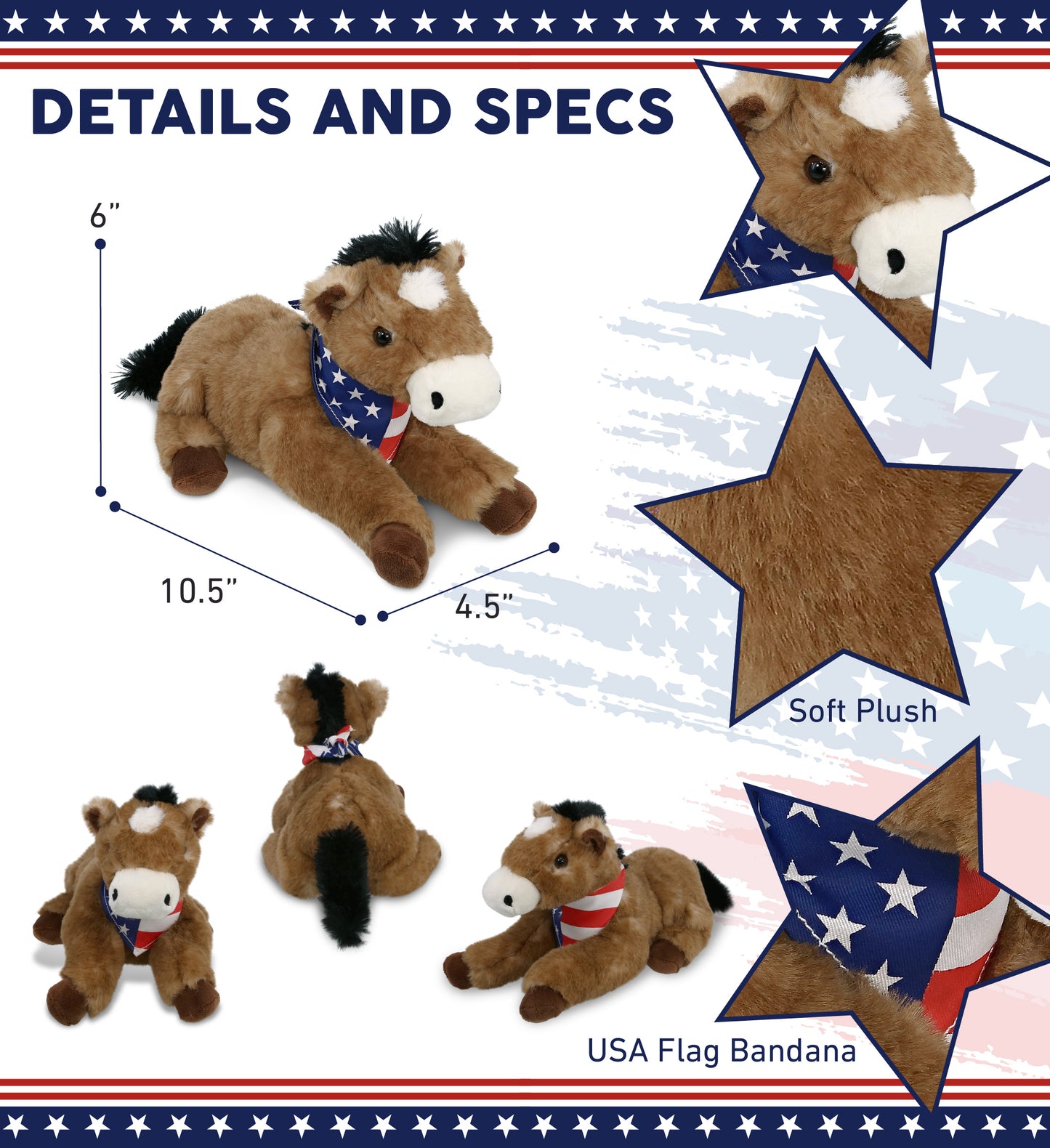 SUPER SOFT PLUSH - LYING BROWN HORSE WITH USA FLAG BANDANA