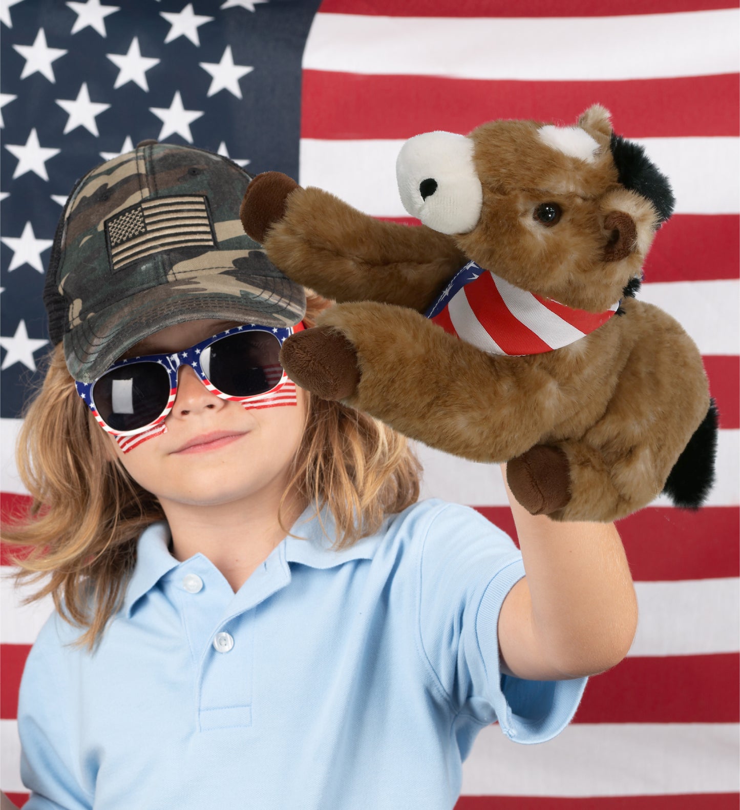 SUPER SOFT PLUSH - LYING BROWN HORSE WITH USA FLAG BANDANA