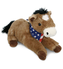 SUPER SOFT PLUSH - LYING BROWN HORSE WITH USA FLAG BANDANA