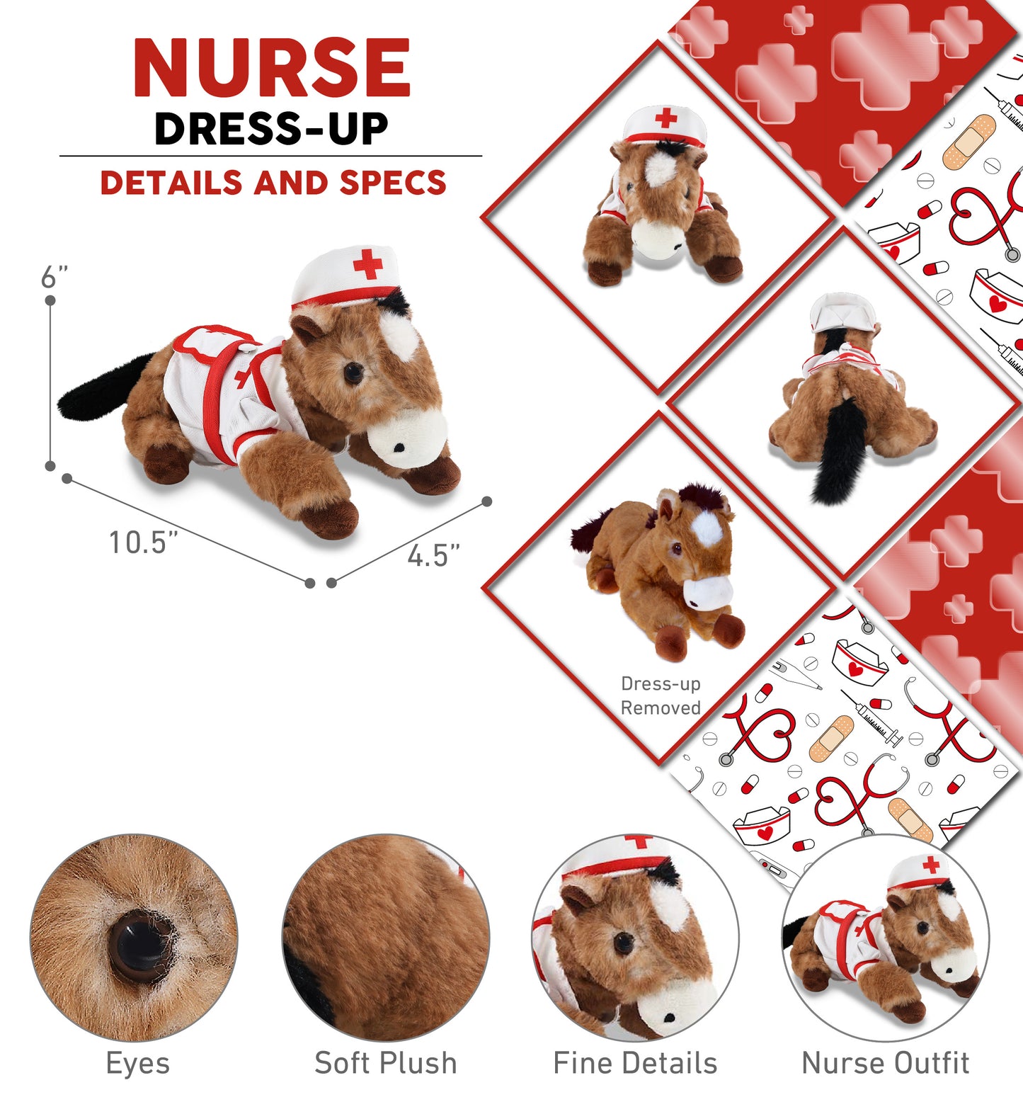 SUPER SOFT PLUSH - LYING BROWN HORSE NURSE DRESS UP