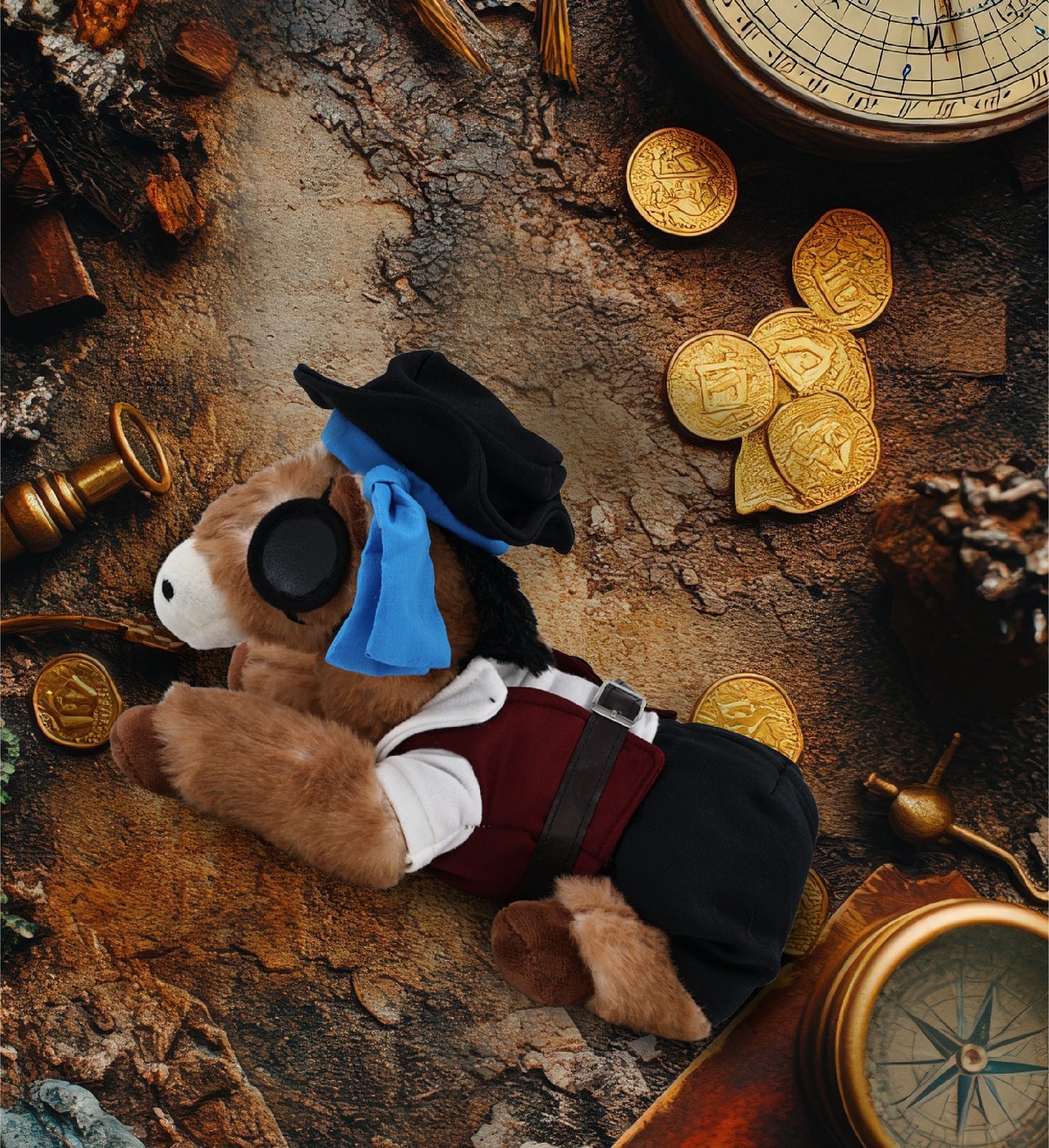 SUPER SOFT PLUSH - LYING BROWN HORSE WITH PIRATE DRESS UP
