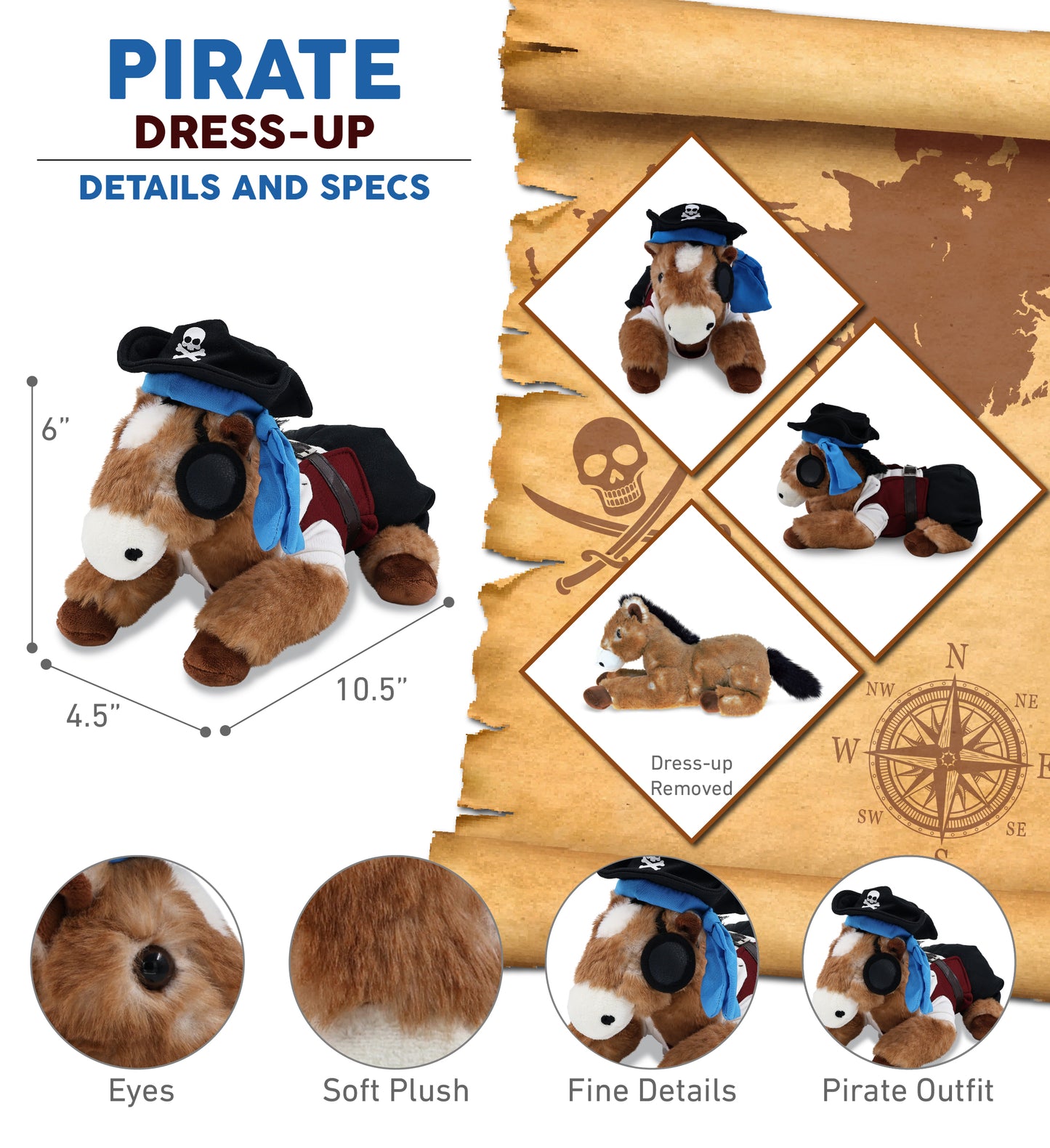 SUPER SOFT PLUSH - LYING BROWN HORSE WITH PIRATE DRESS UP