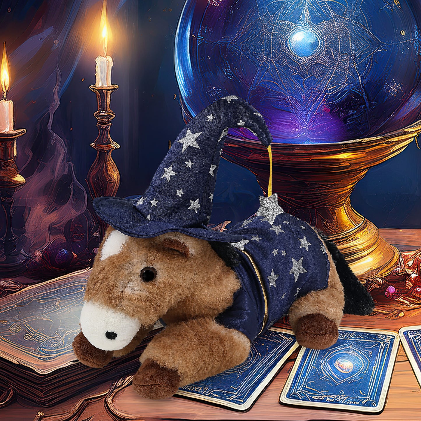 SUPER SOFT PLUSH - LYING BROWN HORSE WITH WIZARD DRESS UP