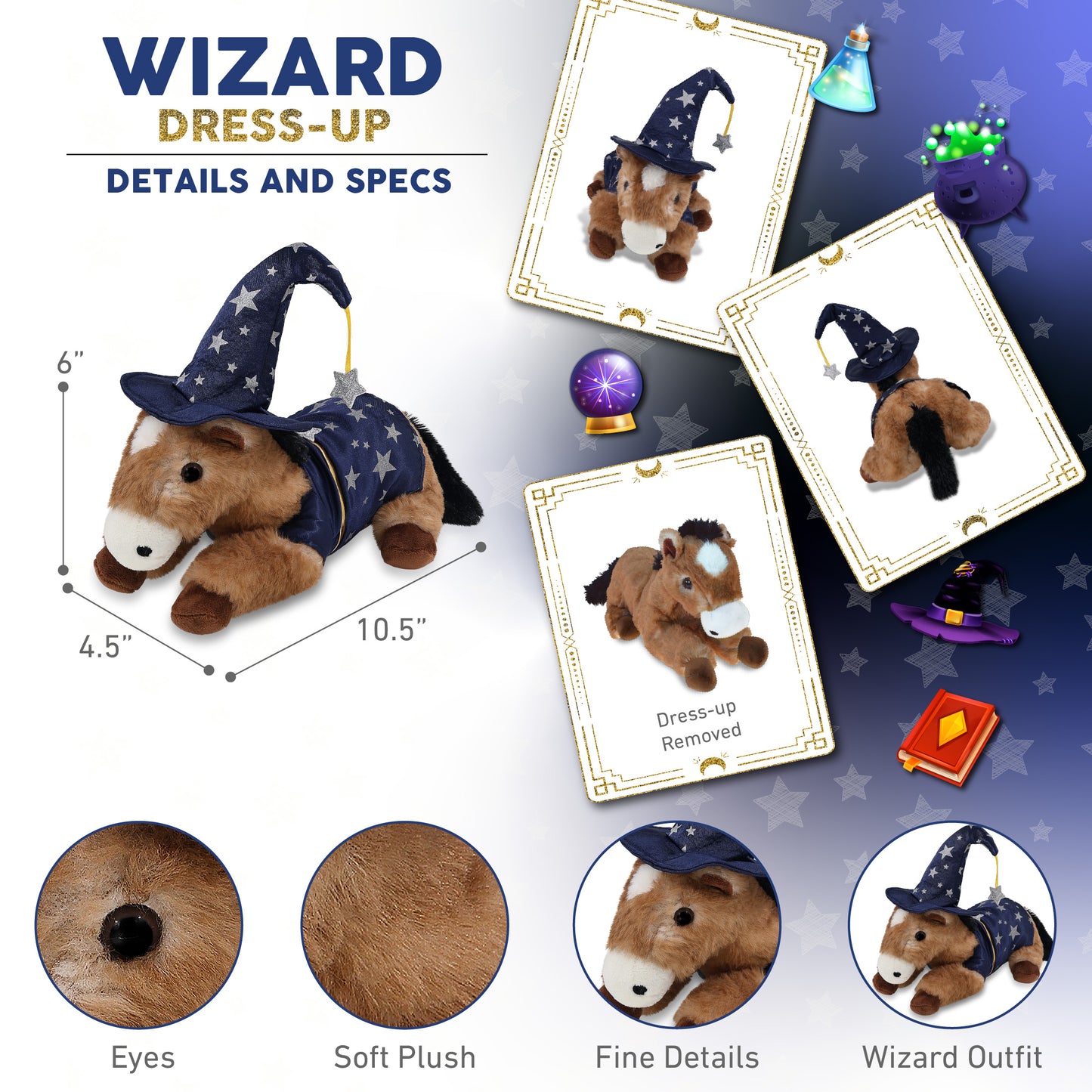 SUPER SOFT PLUSH - LYING BROWN HORSE WITH WIZARD DRESS UP