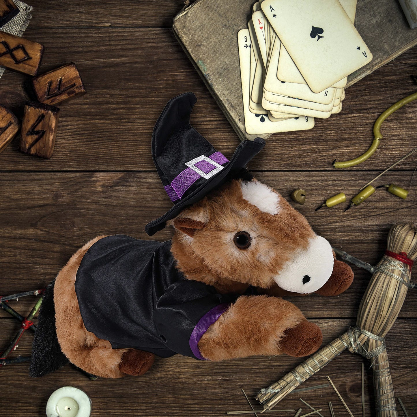 SUPER SOFT PLUSH - LYING BROWN HORSE WITH WITCH DRESS UP