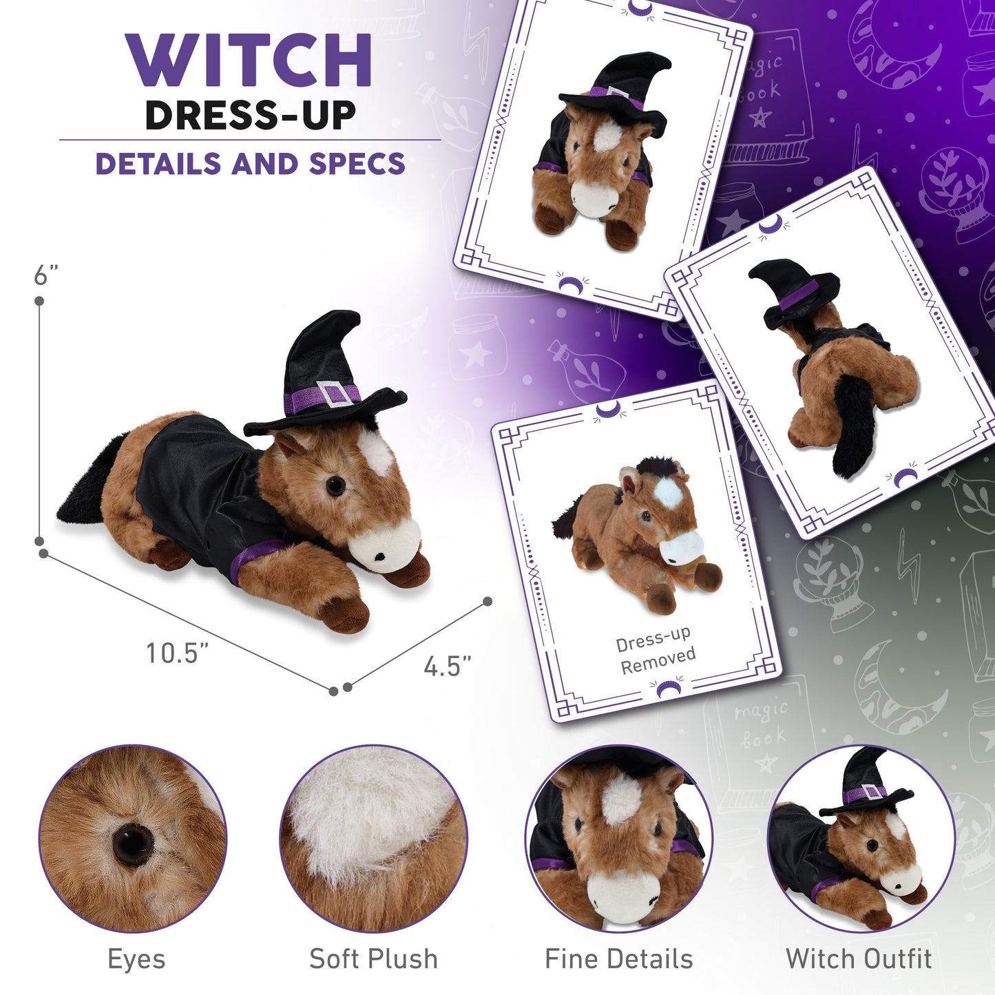 SUPER SOFT PLUSH - LYING BROWN HORSE WITH WITCH DRESS UP