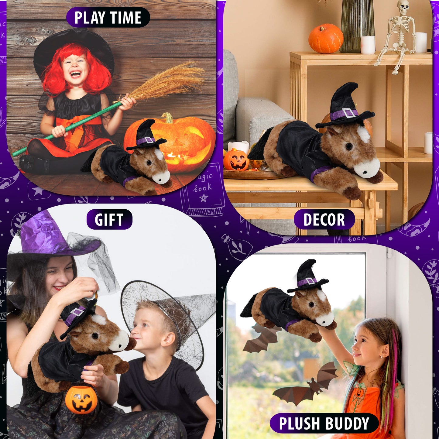 SUPER SOFT PLUSH - LYING BROWN HORSE WITH WITCH DRESS UP