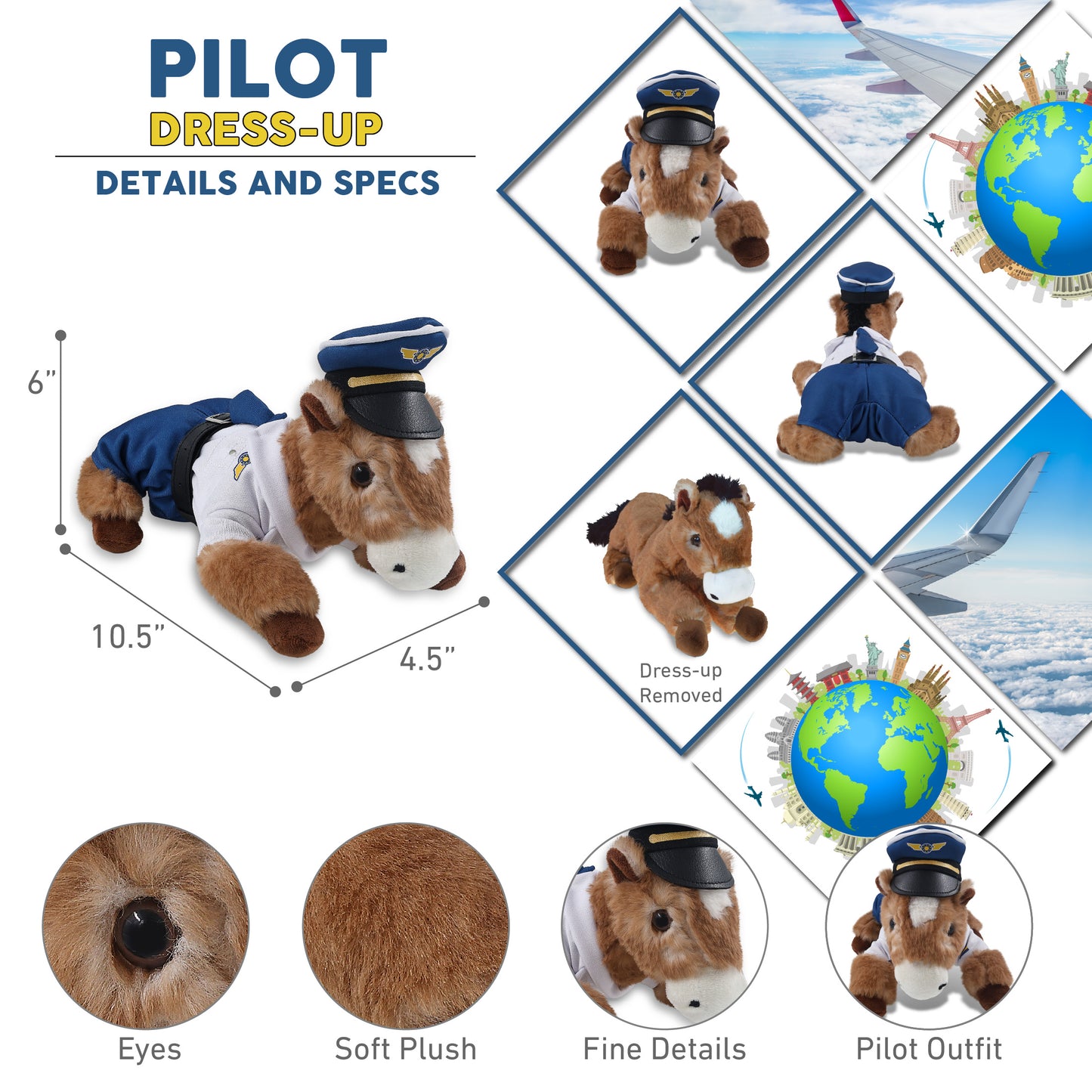 SUPER SOFT PLUSH - LYING BROWN HORSE WITH PILOT DRESS UP