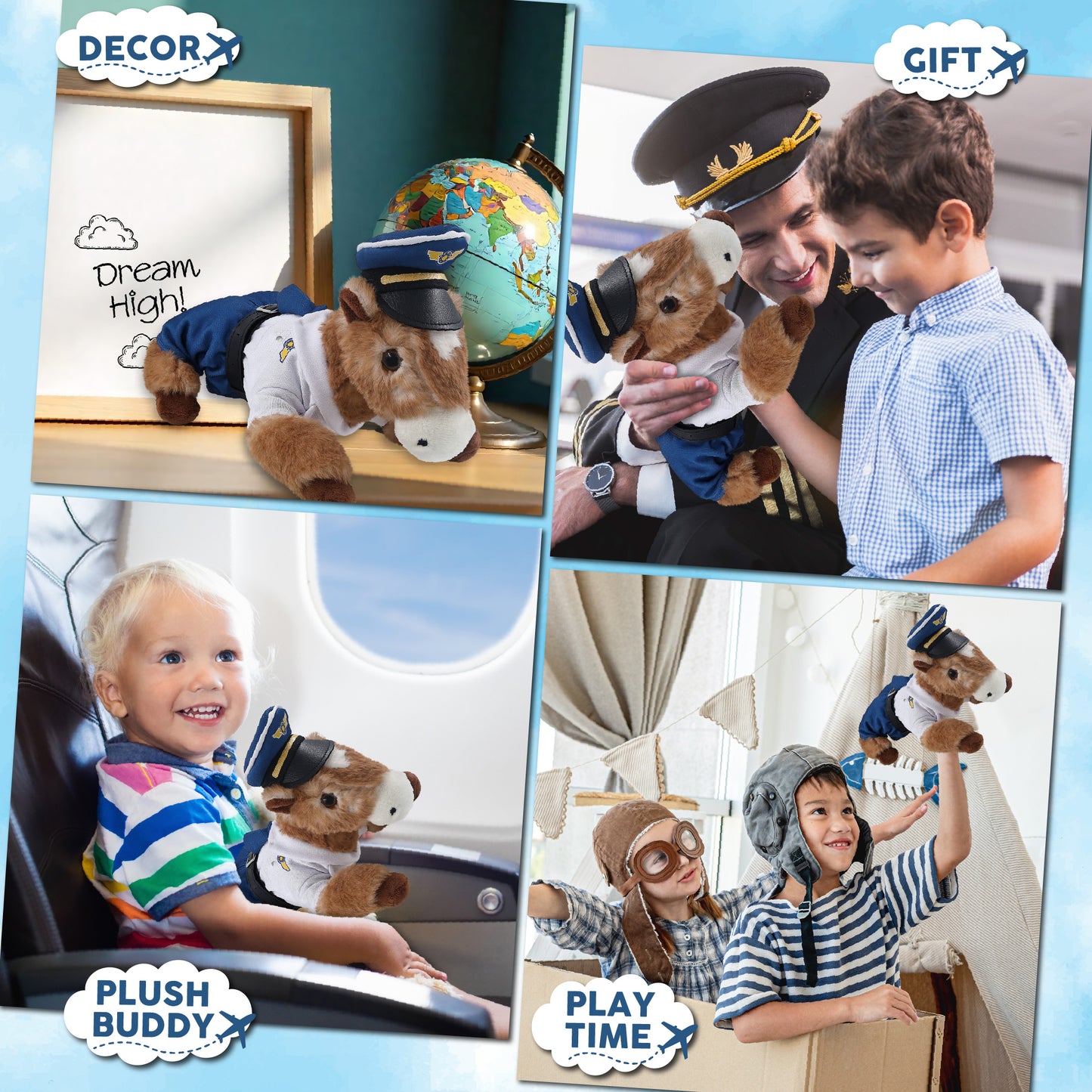 SUPER SOFT PLUSH - LYING BROWN HORSE WITH PILOT DRESS UP