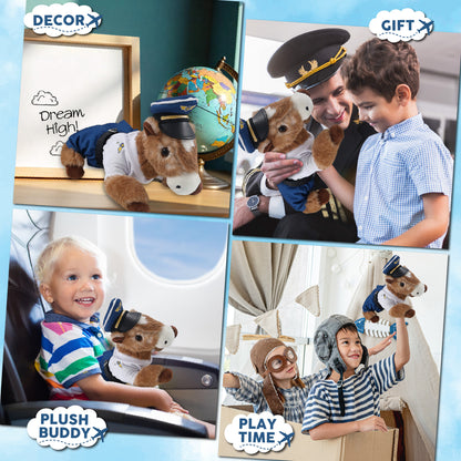 SUPER SOFT PLUSH - LYING BROWN HORSE WITH PILOT DRESS UP