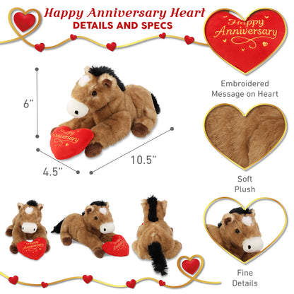 SUPER SOFT PLUSH - LYING BROWN HORSE WITH HAPPY ANNIVERSARY HEART