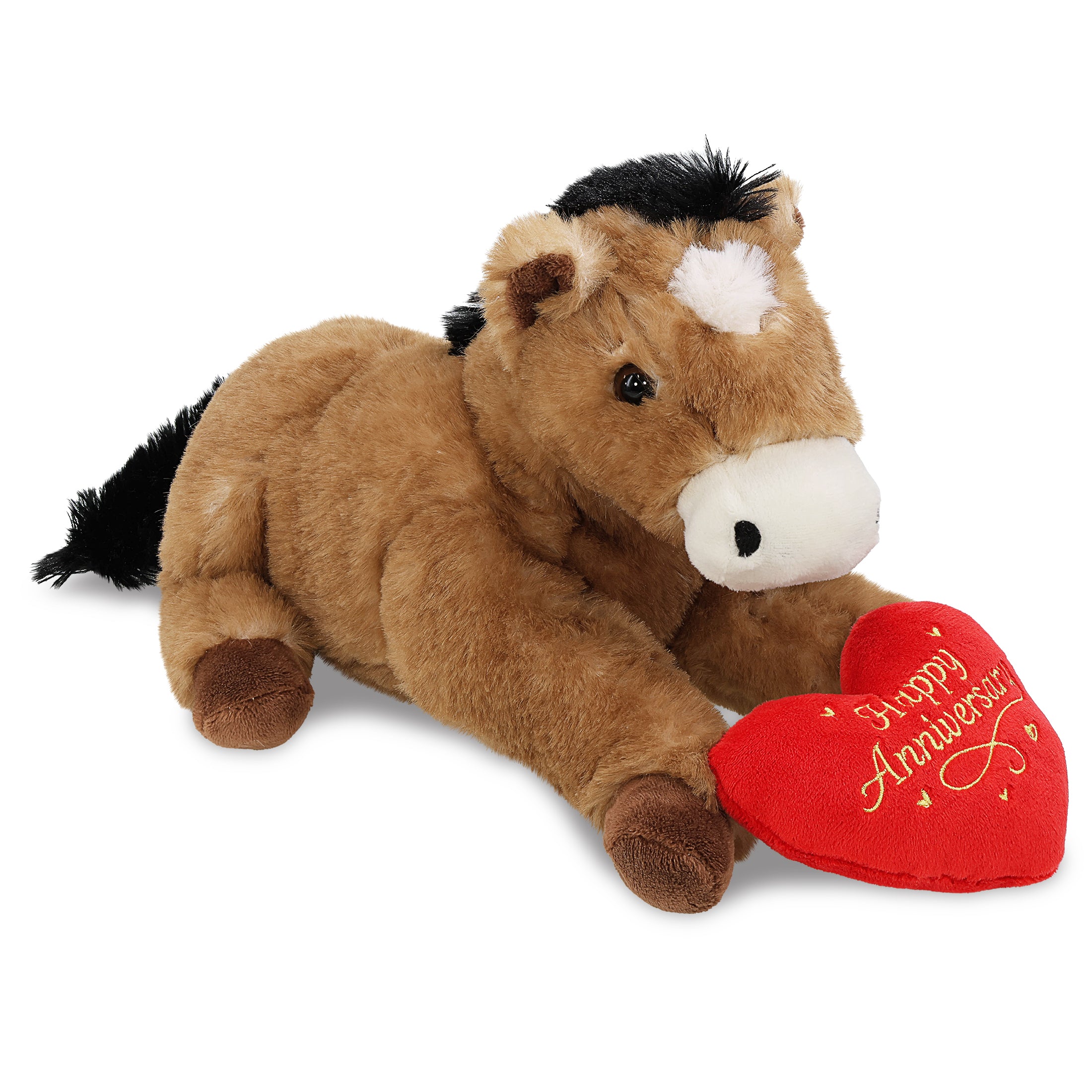 SUPER SOFT PLUSH - LYING BROWN HORSE WITH HAPPY ANNIVERSARY HEART