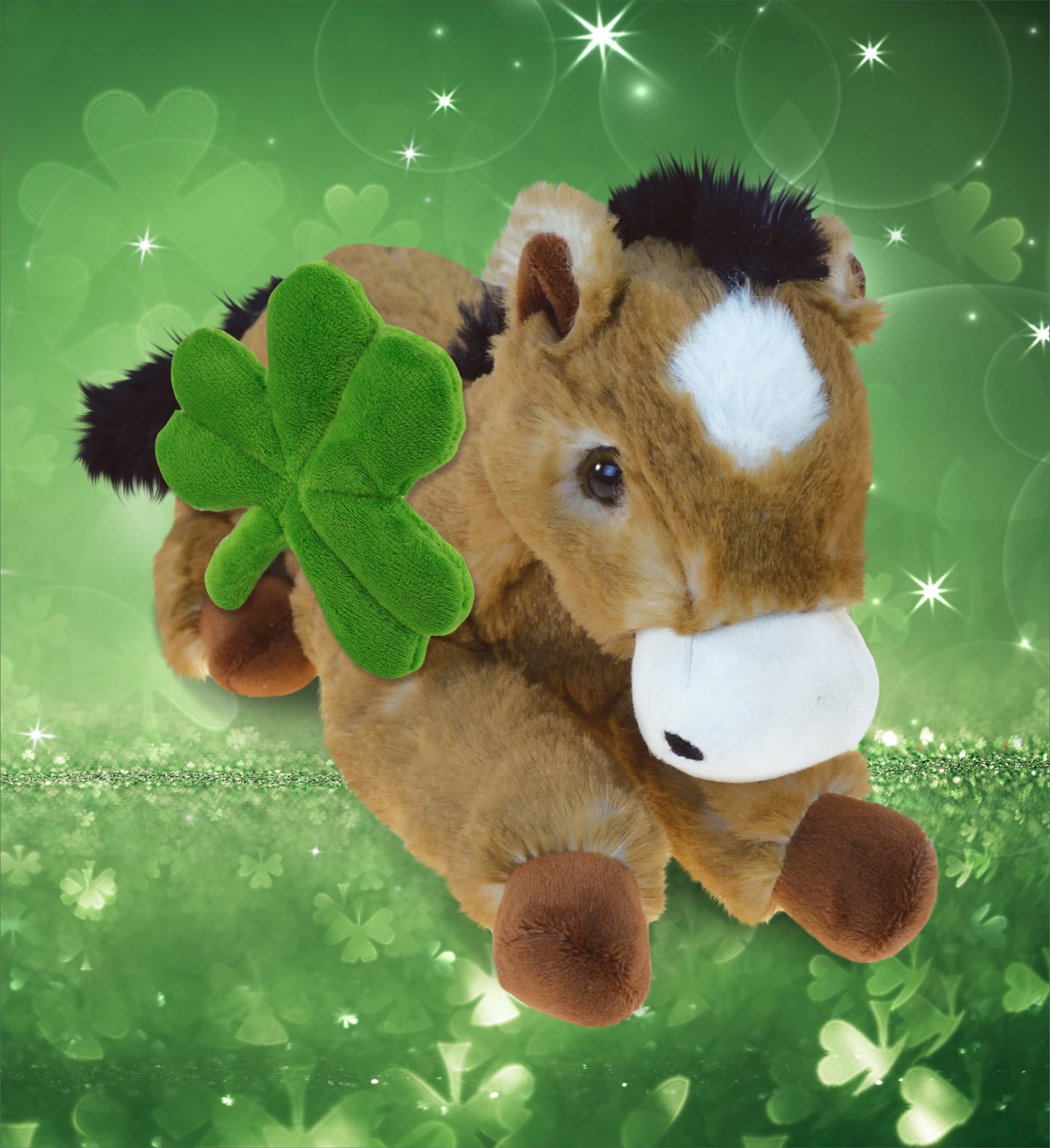 DolliBu Lying Brown Horse Stuffed Animal with Green Plush Shamrock - 10.5 Inch