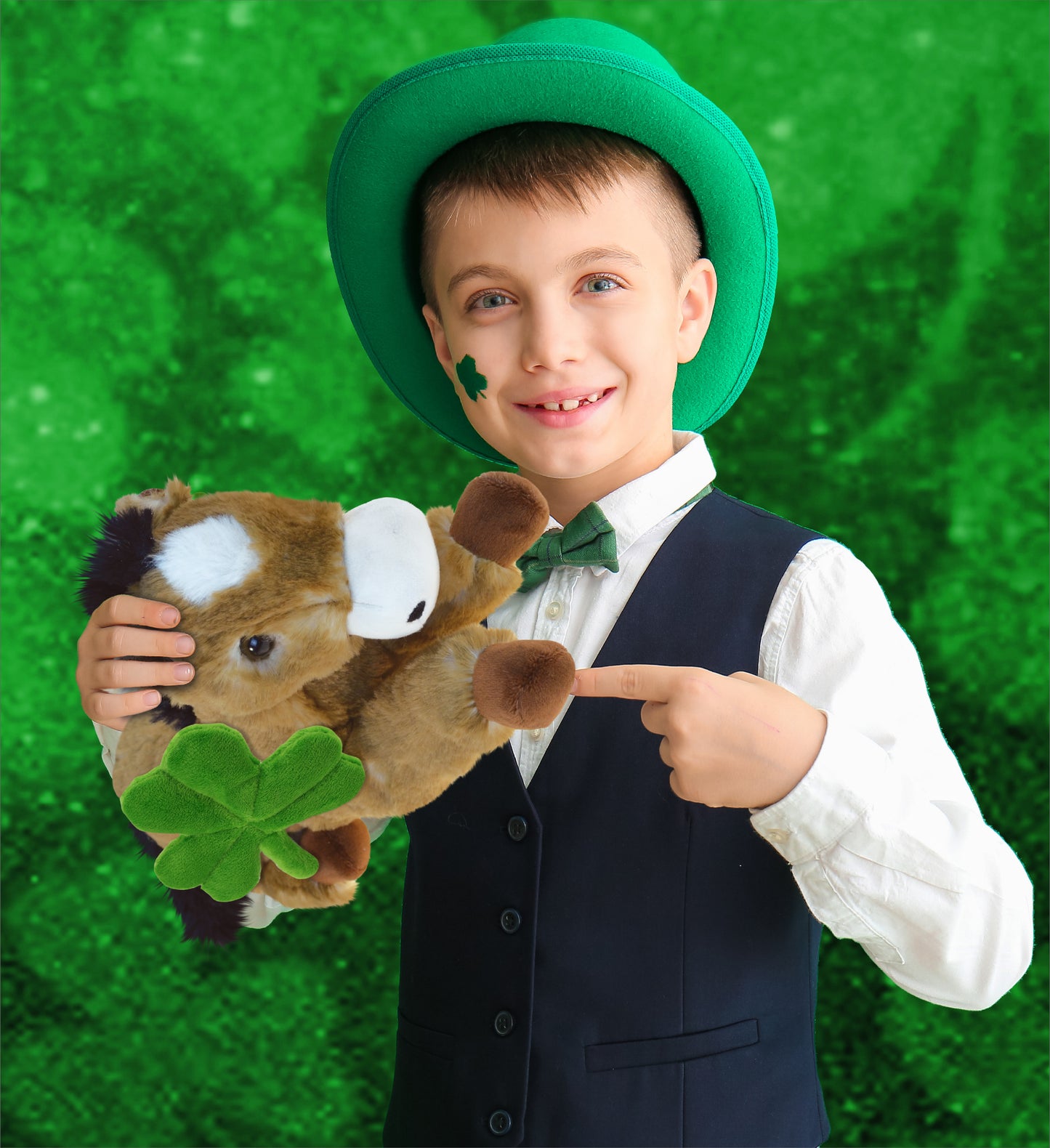 DolliBu Lying Brown Horse Stuffed Animal with Green Plush Shamrock - 10.5 Inch