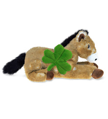 DolliBu Lying Brown Horse Stuffed Animal with Green Plush Shamrock - 10.5 Inch