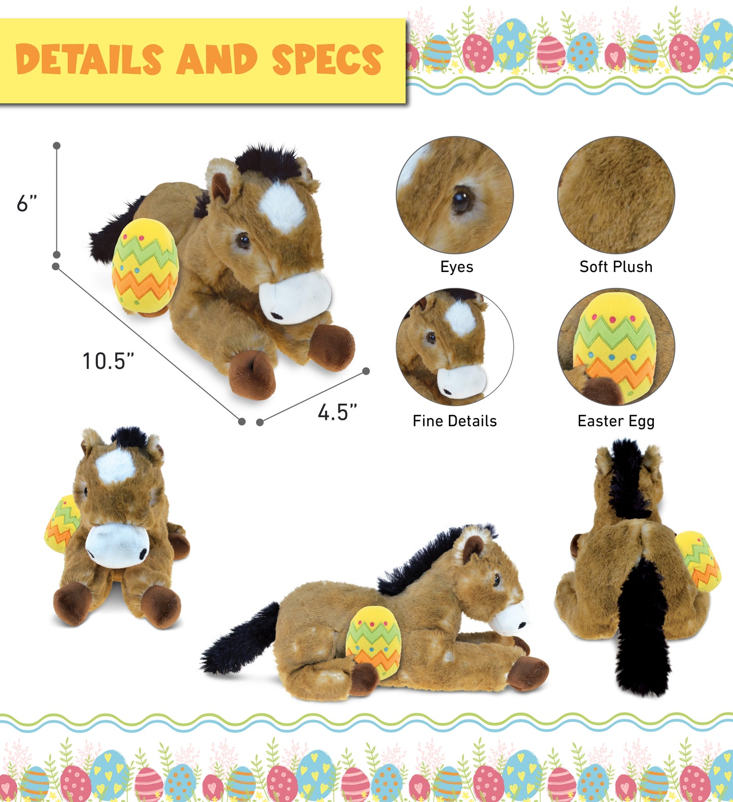 DolliBu Cute Lying Brown Horse with Yellow Easter Egg Plush - 10.5 Inches
