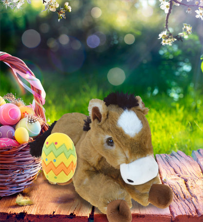 DolliBu Cute Lying Brown Horse with Yellow Easter Egg Plush - 10.5 Inches