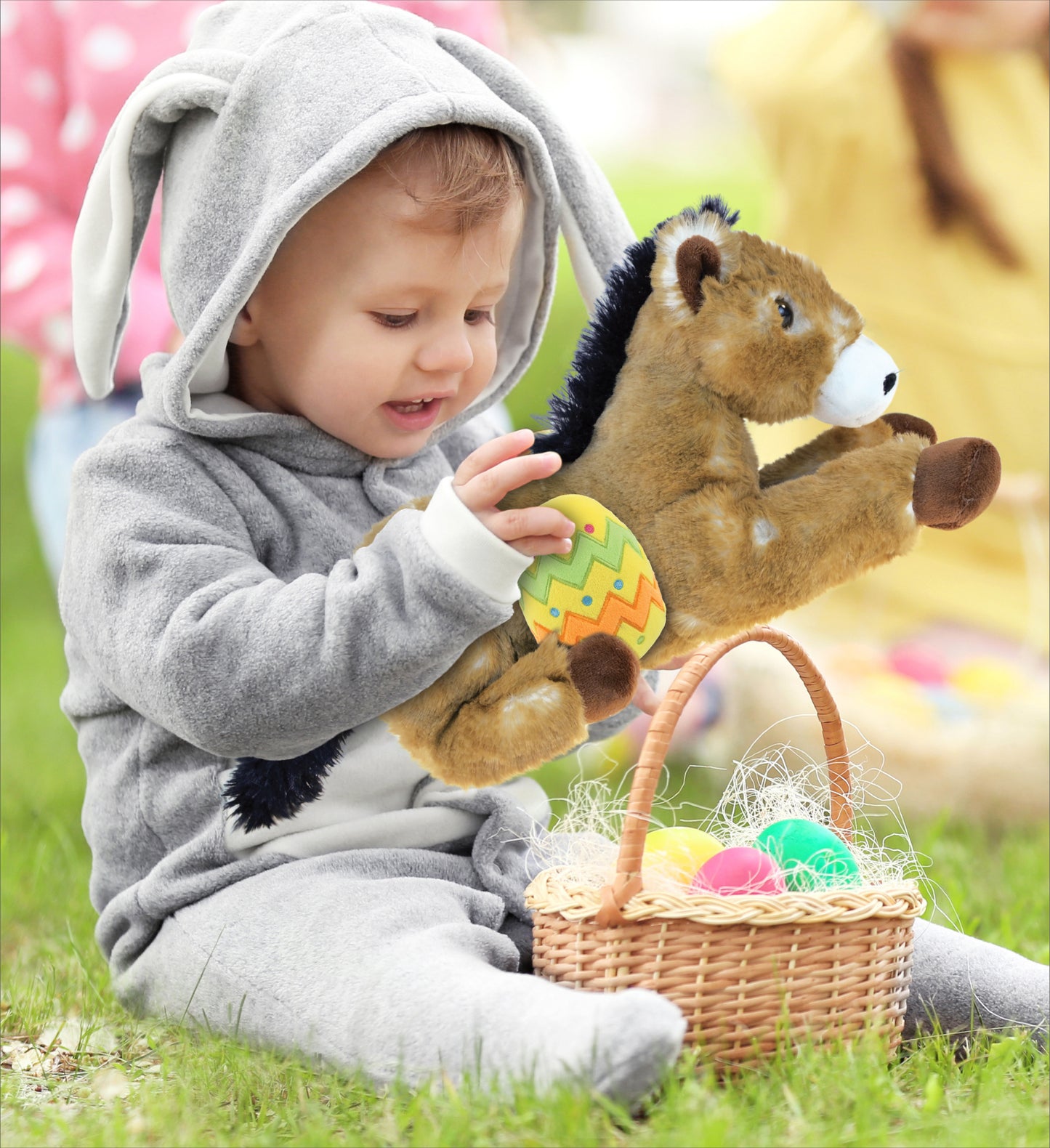 DolliBu Cute Lying Brown Horse with Yellow Easter Egg Plush - 10.5 Inches